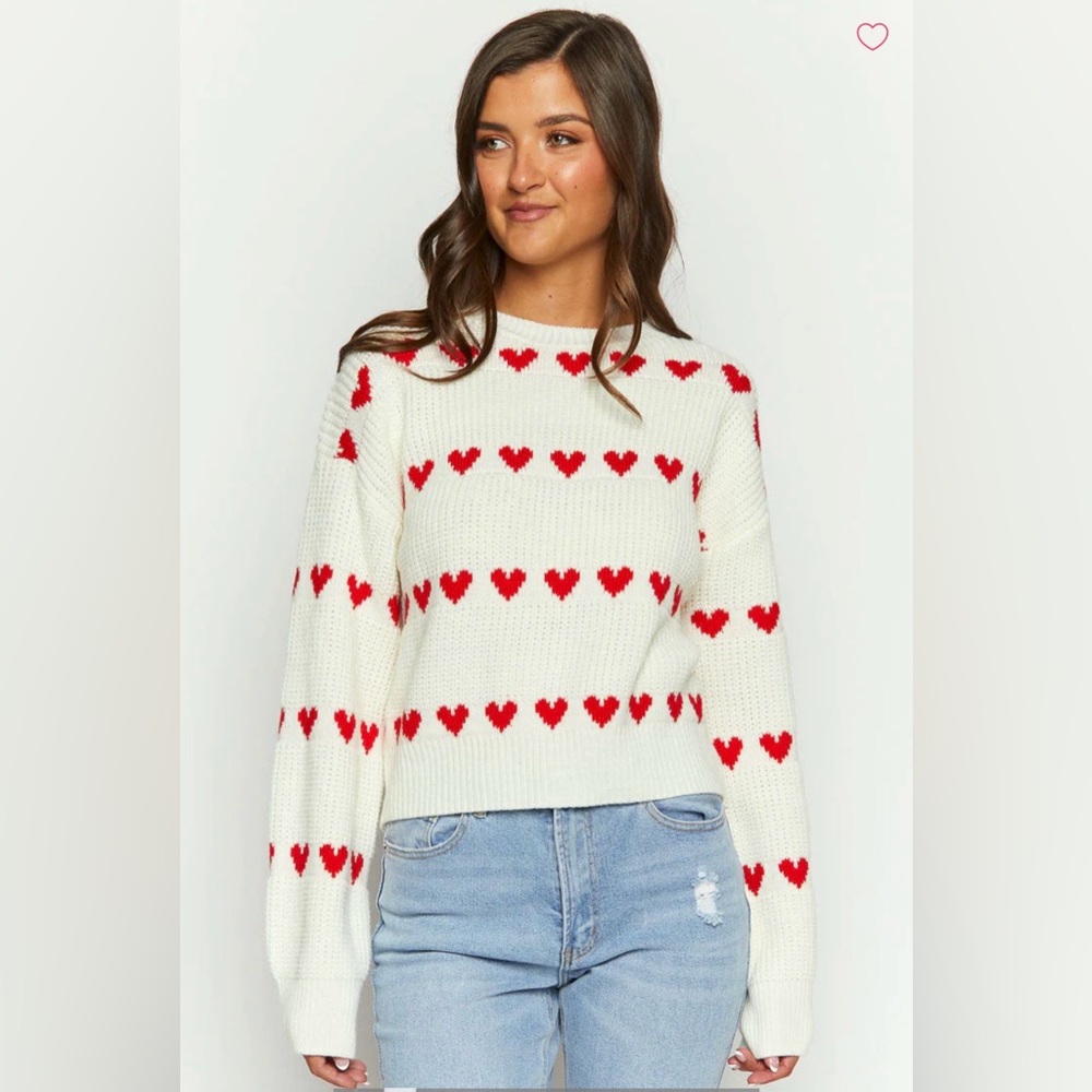 Beginning Boutique Lovey Red Heart Cream Sweater